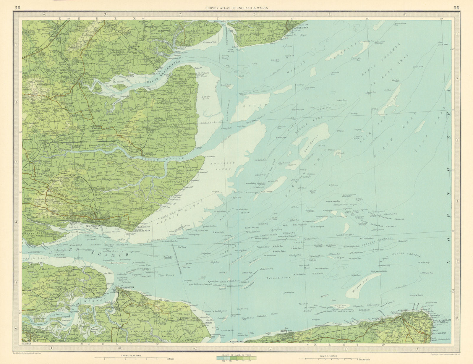 THAMES ESTUARY Medway Southend-on-Sea Sheerness Margate Clacton. LARGE 1939 map